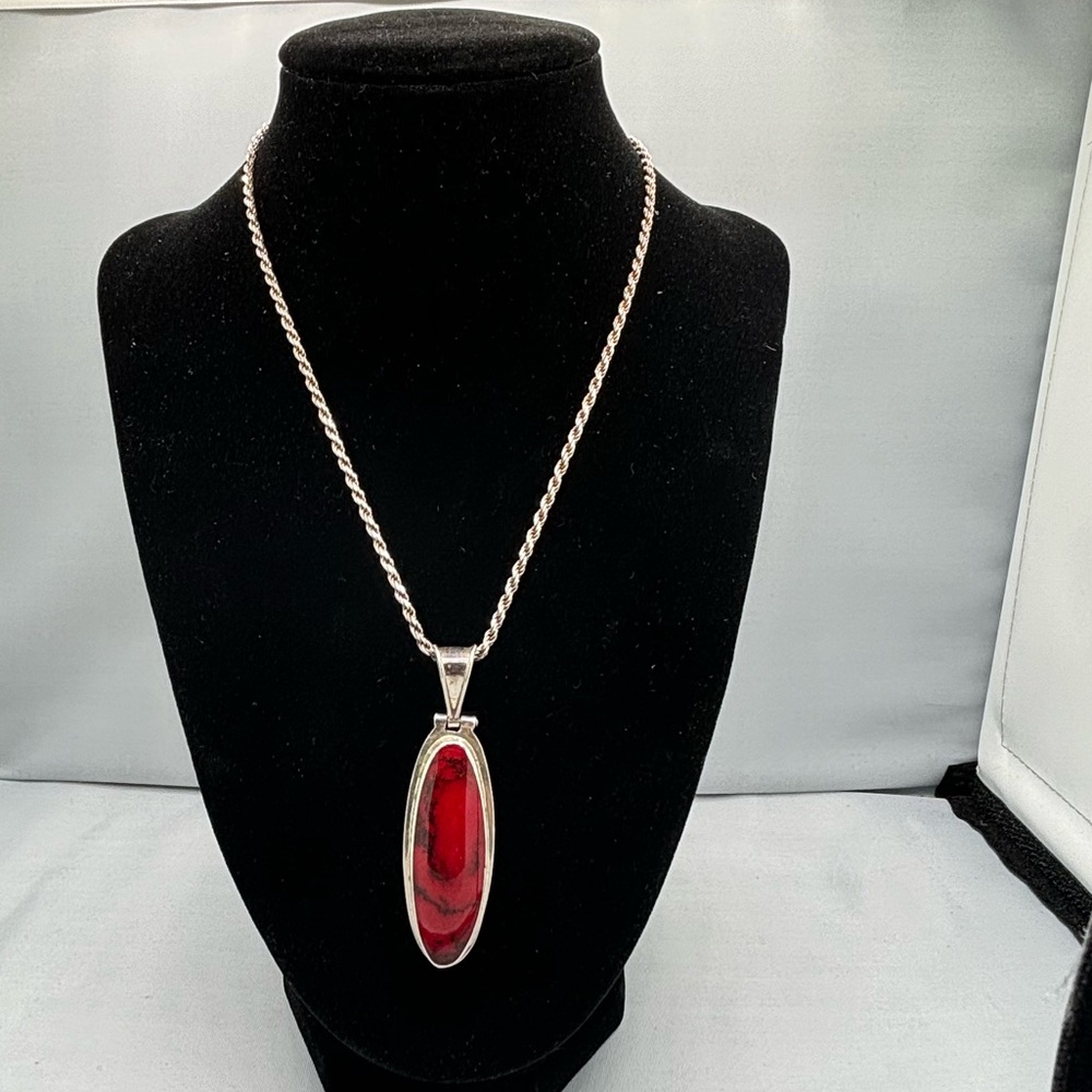 Silver Red Howlite Pendant Necklace